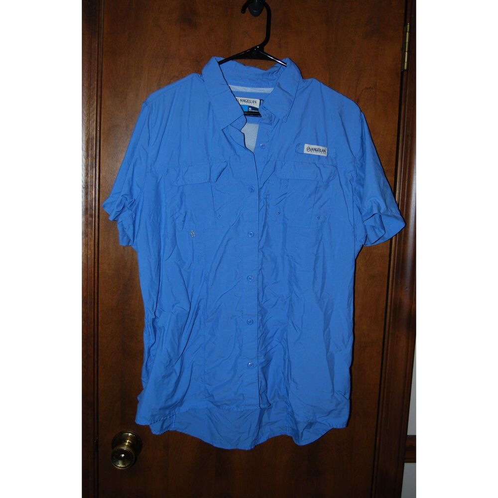 MAGELLAN OUTDOORS WOMENS FISHING SHIRT SIZE XL BLUE SHORT SLEEVE RELAXED FIT